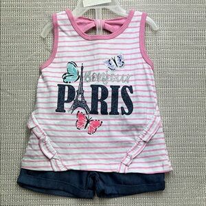 Pink Striped Bonjour Paris Tank Top and Shorts Set
